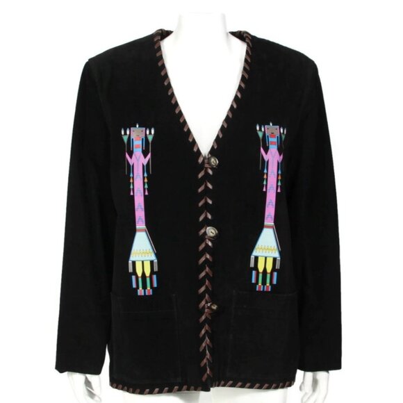 SCULLY Western Kachina Black Suede Whipstich Trim Button Up Jacket sz L /603 - Picture 1 of 7